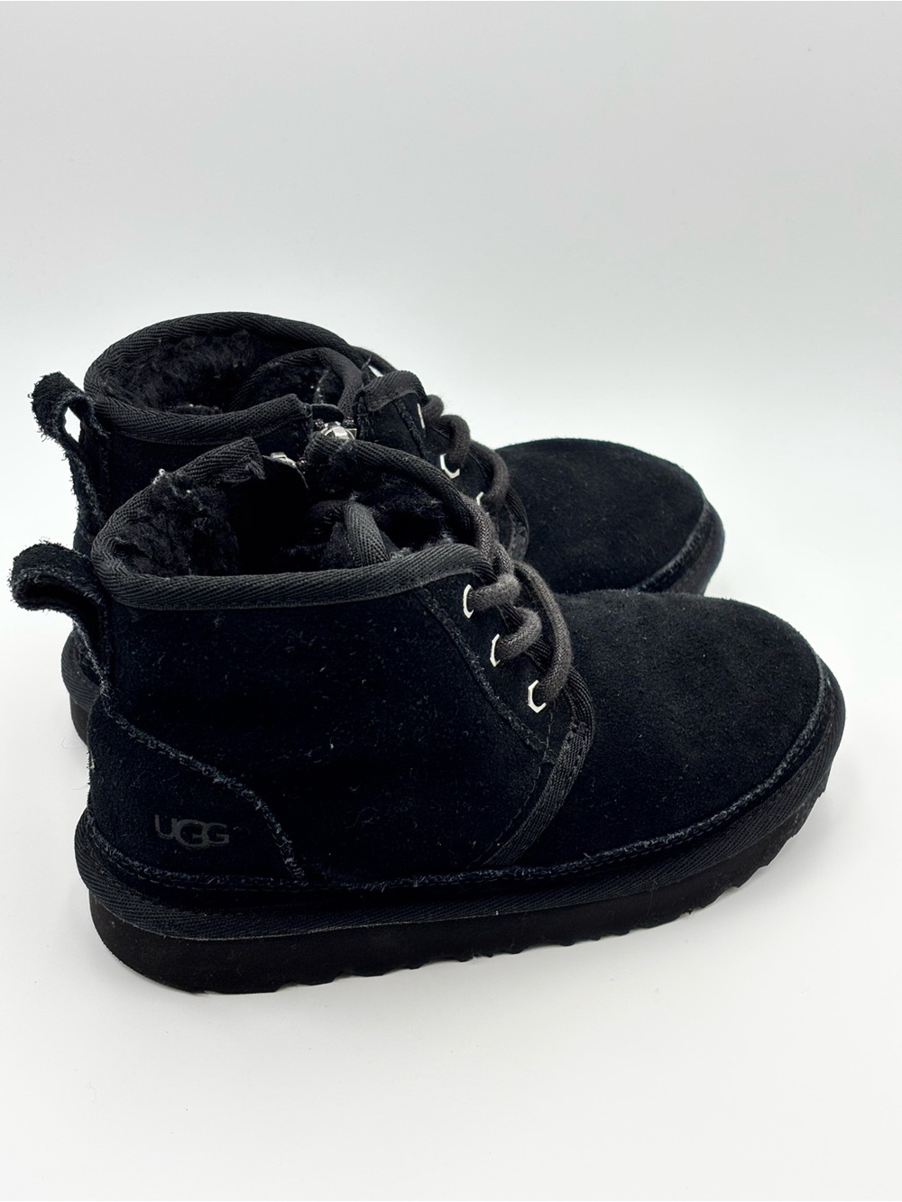 UGG Kids Black Suede Lace-Up Ankle Boots with Fleece Lining Size 12 Toddler